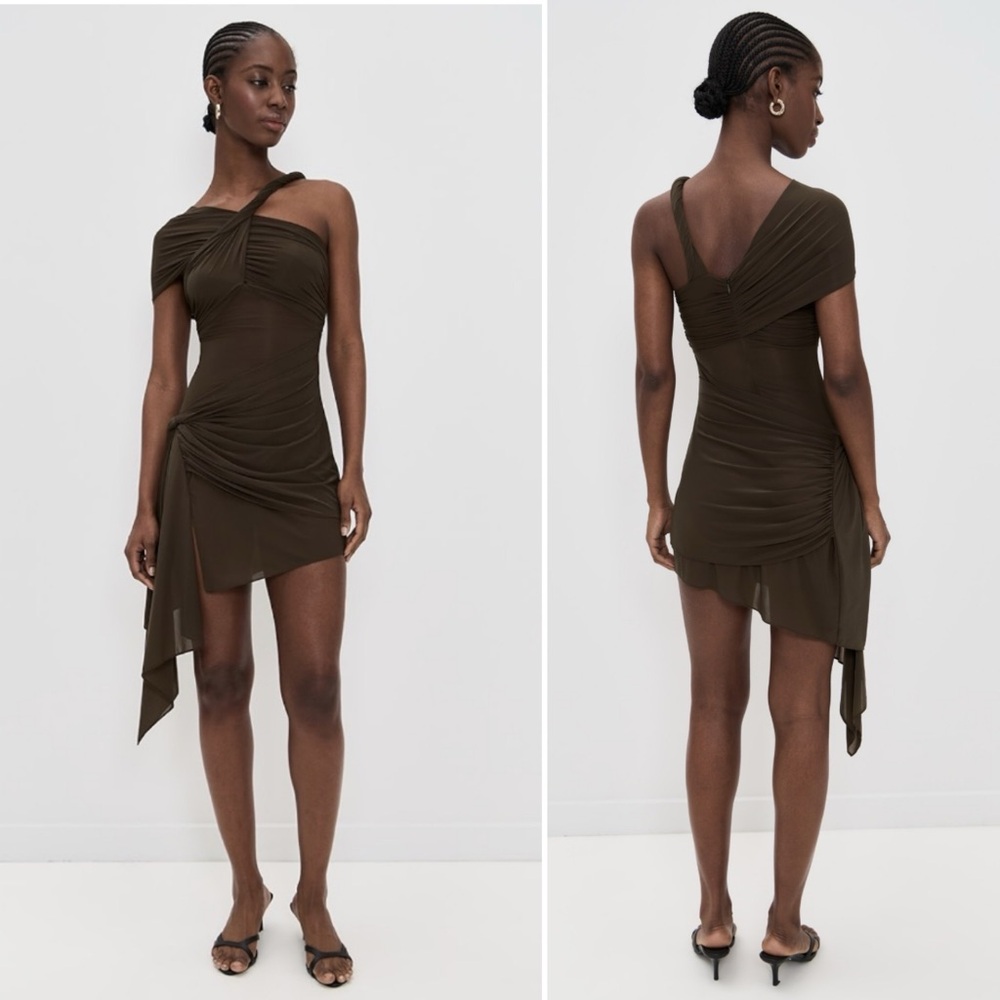 Ronny Kobo Izel Dress in Desert Chocolate Brown Draped Mesh Twist Mini Revolve - Picture 4 of 13